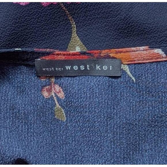 West Kei Floral Blouse Medium P Navy Pink Orange Green Tie Waist Half Sleeve - Picture 10 of 12